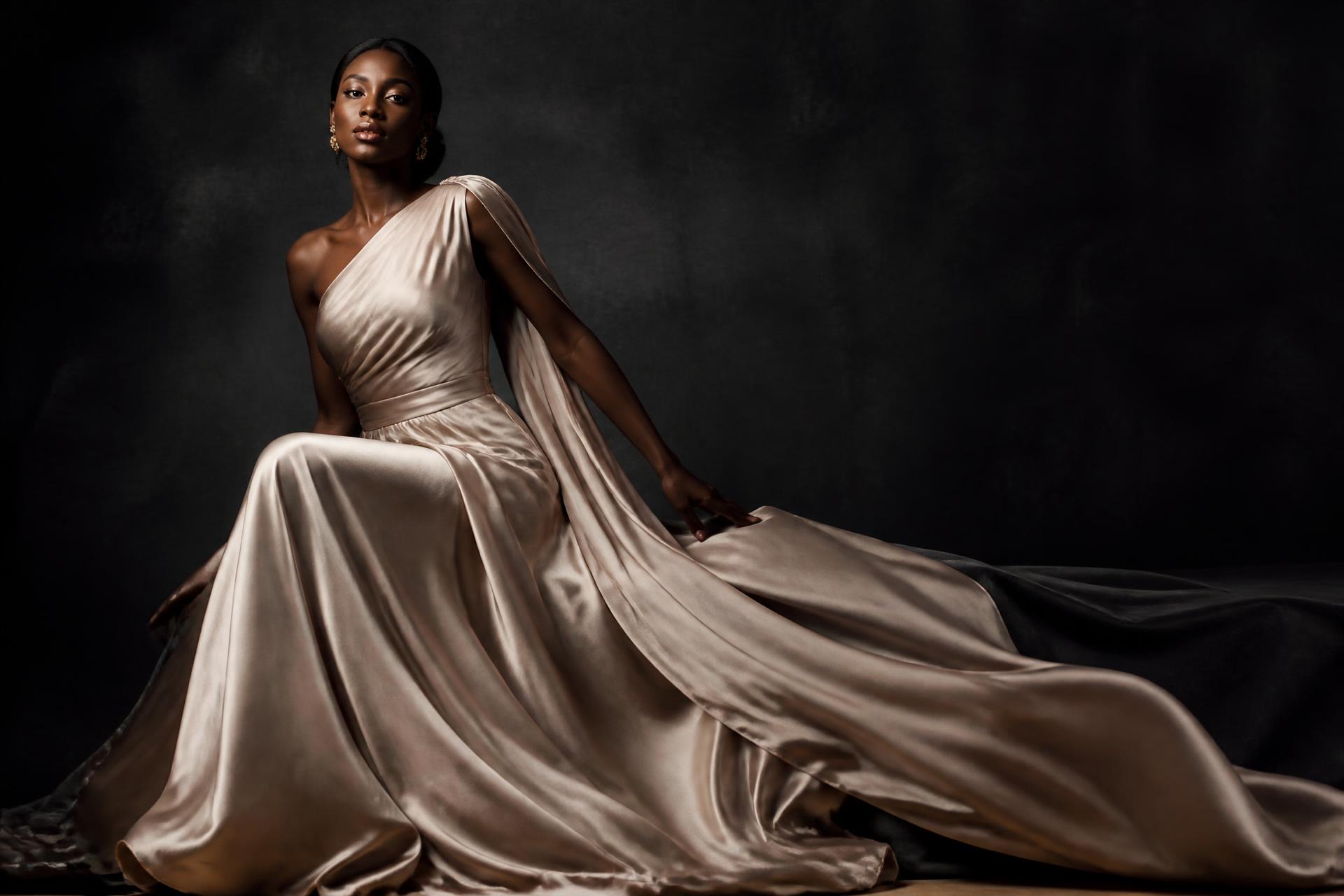 Model in a champagne silk couture gown by Elegant by TJD